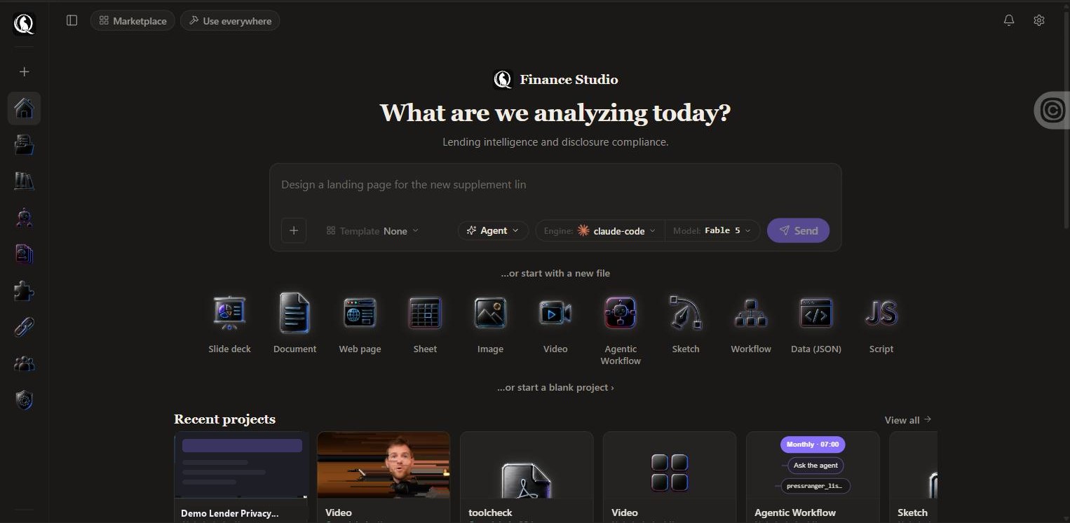 The studio home screen: the prompt bar, the file-type rail and recent projects