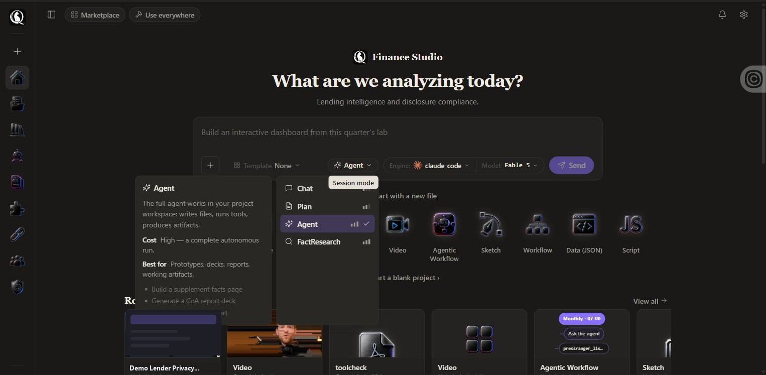 QGI Studio mode picker for decks, documents, sheets, pages and automations
